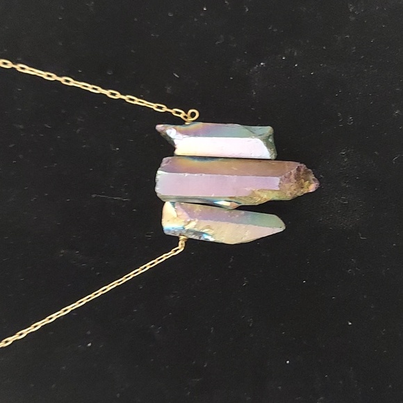 SOLD Raw Rainbow Aurora Quartz Crystal Neckace on 20" Goldtone Chain - Picture 4 of 5